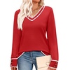image:imageWIHOLL Lightweight Sweaters for Women Long Sleeve V Neck Knit Outfits with Decorative ButtonsColor Block Red