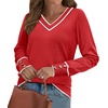 image:imageWIHOLL Lightweight Sweaters for Women Long Sleeve V Neck Knit Outfits with Decorative ButtonsColor Block Red