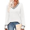 image:imageWIHOLL Lightweight Sweaters for Women Long Sleeve V Neck Knit Outfits with Decorative ButtonsColor Block White