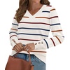 image:imageWIHOLL Lightweight Sweaters for Women Long Sleeve V Neck Knit Outfits with Decorative ButtonsStriped