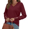 image:imageWIHOLL Lightweight Sweaters for Women Long Sleeve V Neck Knit Outfits with Decorative ButtonsWine