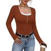image:imageWIHOLL Womens Ribbed Long Sleeve Lace Trim Fall Tops09  Rust Brown