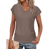 image:imageWIHOLL Womens V Neck Ruched Cap Sleeve T ShirtCoffee