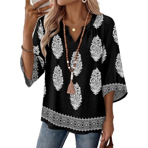 image:imageWIHOLL Boho Tops for Women Summer Spring 34 Sleeve Dressy Fashion V Neck Casual 2026 Business Beach Plus Size Resort BlousesMulti Black