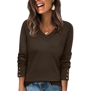 image:imageWIHOLL Lightweight Sweaters for Women Long Sleeve V Neck Knit Outfits with Decorative ButtonsChocolate Brown