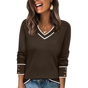 image:imageWIHOLL Lightweight Sweaters for Women Long Sleeve V Neck Knit Outfits with Decorative ButtonsColor Block Brown 03
