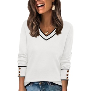 image:imageWIHOLL Lightweight Sweaters for Women Long Sleeve V Neck Knit Outfits with Decorative ButtonsColor Block White