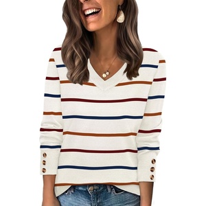 image:imageWIHOLL Lightweight Sweaters for Women Long Sleeve V Neck Knit Outfits with Decorative ButtonsStriped