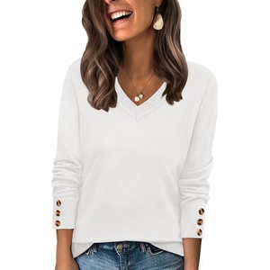image:imageWIHOLL Lightweight Sweaters for Women Long Sleeve V Neck Knit Outfits with Decorative ButtonsWhite