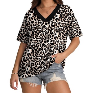 image:imageWIHOLL Oversized Tshirts for Women 2026 Summer Tops Short Sleeve V Neck Shirts Basic TeeLeopard