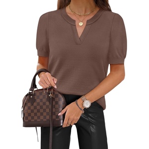 image:imageWIHOLL Short Sleeve Sweater Tops 2026 Spring Summer Trendy Knit Business Casual Essential V Neck Sweaters02  Coffee