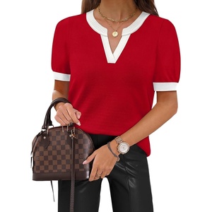 image:imageWIHOLL Short Sleeve Sweater Tops 2026 Spring Summer Trendy Knit Business Casual Essential V Neck Sweaters04  Red White