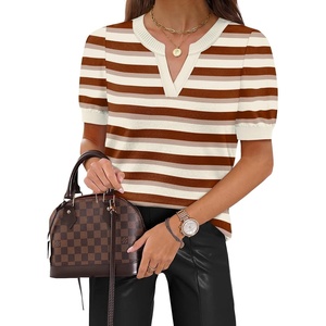 image:imageWIHOLL Short Sleeve Sweater Tops 2026 Spring Summer Trendy Knit Business Casual Essential V Neck Sweaters05  Brown Striped
