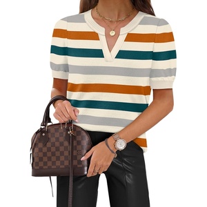image:imageWIHOLL Short Sleeve Sweater Tops 2026 Spring Summer Trendy Knit Business Casual Essential V Neck Sweaters05  Orange Green Striped