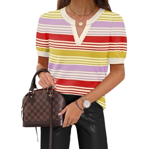 image:imageWIHOLL Short Sleeve Sweater Tops 2026 Spring Summer Trendy Knit Business Casual Essential V Neck Sweaters05  Stripes