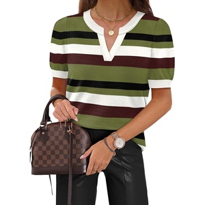 image:imageWIHOLL Short Sleeve Sweater Tops 2026 Spring Summer Trendy Knit Business Casual Essential V Neck Sweaters06  Stripes