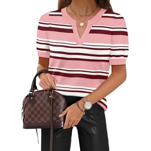 image:imageWIHOLL Short Sleeve Sweater Tops 2026 Spring Summer Trendy Knit Business Casual Essential V Neck Sweaters08  Stripes
