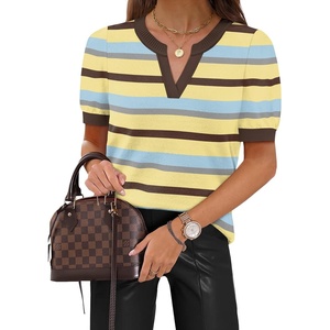 image:imageWIHOLL Short Sleeve Sweater Tops 2026 Spring Summer Trendy Knit Business Casual Essential V Neck Sweaters09  Stripes