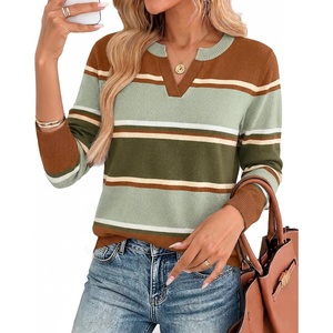 image:imageWIHOLL Sweaters for Women Long Sleeve Fits V Neck Knit 2026 Fall OutfitsBrown Olive Beige Stripe