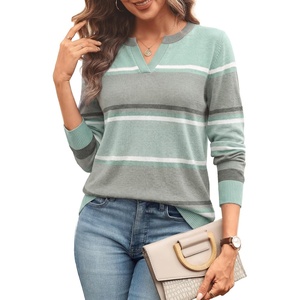 image:imageWIHOLL Sweaters for Women Long Sleeve Fits V Neck Knit 2026 Fall OutfitsSage Gray Stripe