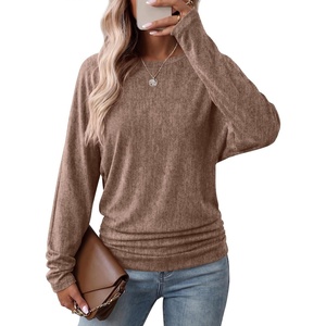 image:imageWIHOLL Womens Long Sleeve Shirts Ruched Hem Fall Tops Lightweight SweatersChestnut Brown