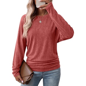 image:imageWIHOLL Womens Long Sleeve Shirts Ruched Hem Fall Tops Lightweight SweatersRed
