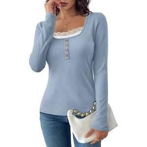 image:imageWIHOLL Womens Ribbed Long Sleeve Lace Trim Fall Tops07  Grey Blue