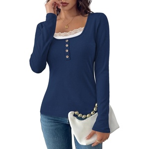 image:imageWIHOLL Womens Ribbed Long Sleeve Lace Trim Fall Tops09  Blue