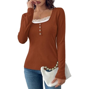image:imageWIHOLL Womens Ribbed Long Sleeve Lace Trim Fall Tops09  Rust Brown