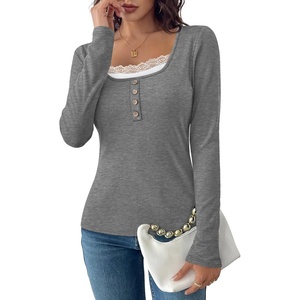 image:imageWIHOLL Womens Ribbed Long Sleeve Lace Trim Fall Tops11  Grey