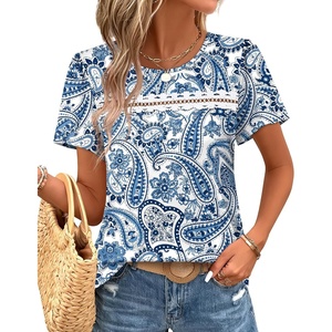 image:imageWIHOLL Womens Tops Boho Summer Outfits 2026 Short Sleeve Shirts with Lace Beach Vacation Clothes Casual S3XL5ethnic Floral