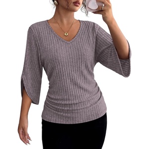 image:imageWIHOLL Womens Tops Dressy Casual 34 Length Sleeve V Neck Fall Fashion 2026Grey01